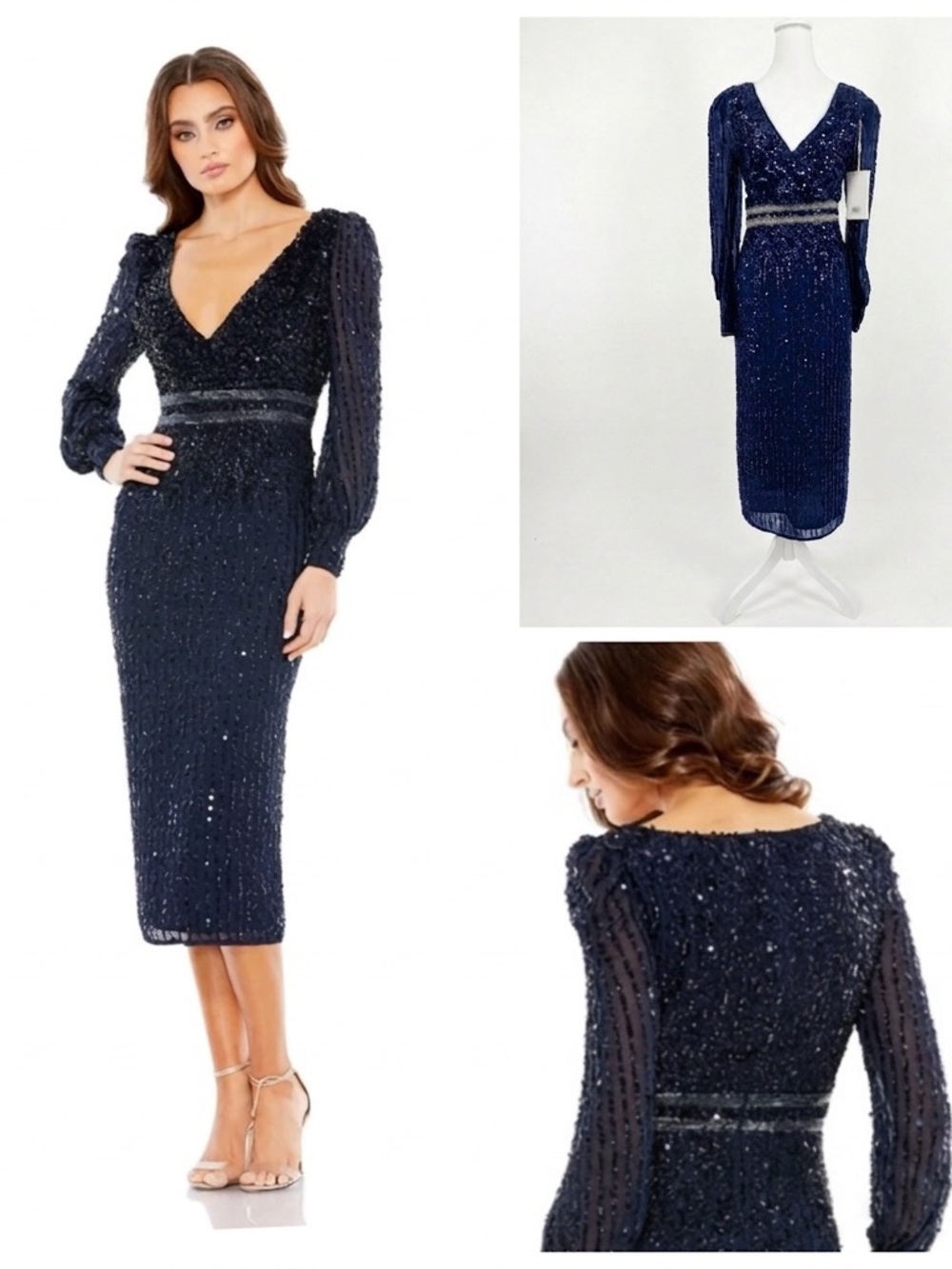 NWT MAC DUGGAL 93593 Sequined Beaded Dress long sleeve in Midnight /Navy size 10